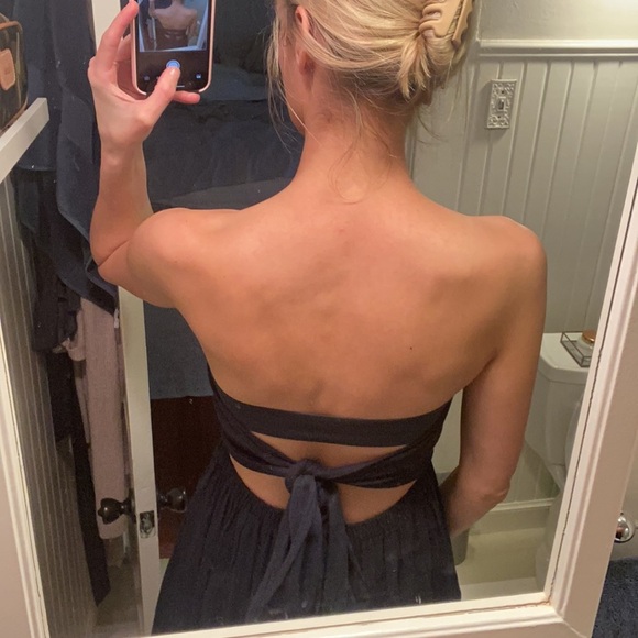 Navy Blue Strapless Linen Blend Midi Dress Tie Back Sz S - Picture 3 of 6